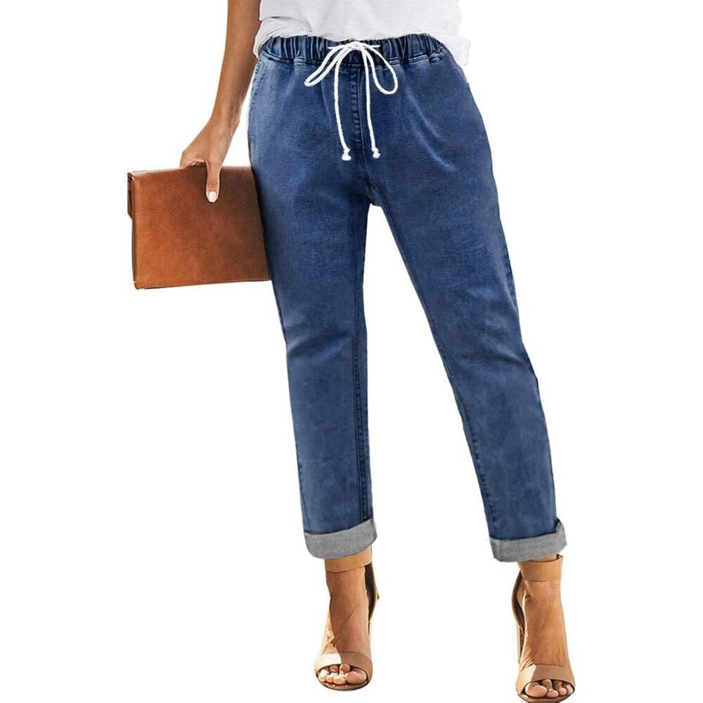 Womens Stretch Denim Jeans Elastic Waist Drawstring Casual Joggers Size XL